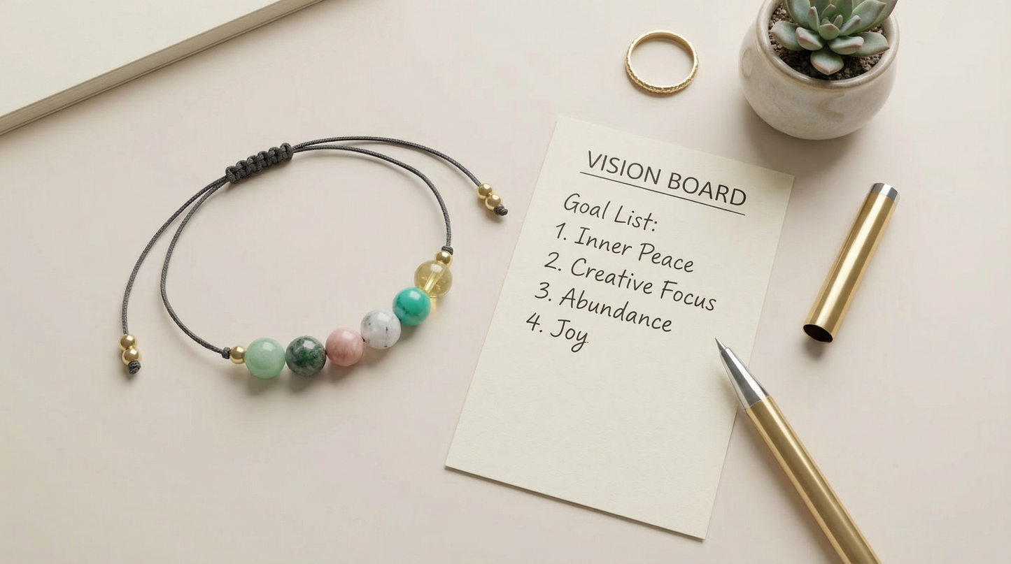 Luck and opportunity gemstone bracelet styled beside a notebook, pen on a bright desk