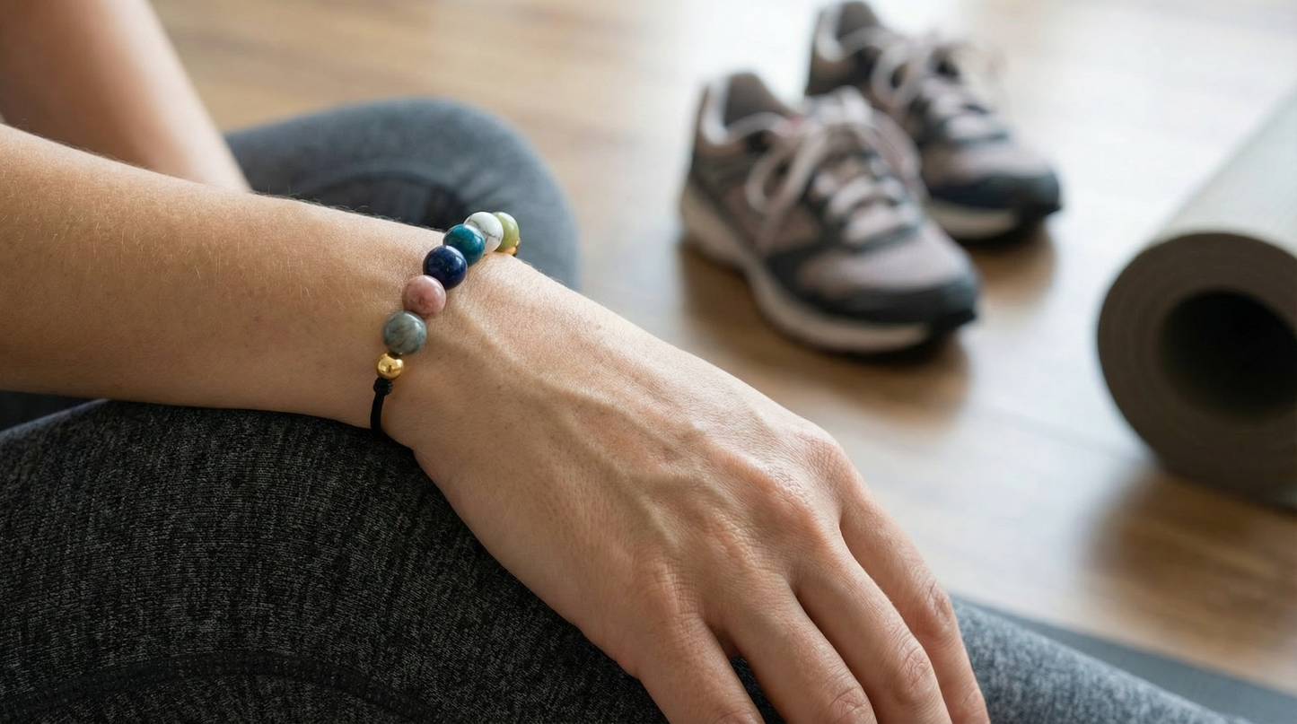 Unisex mindful eating bracelet with green, white, blue, pink and dark iridescent stones