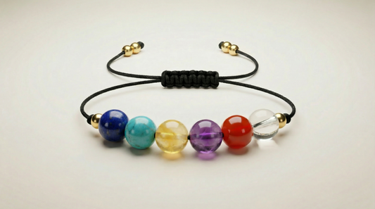 Six-gemstone creativity bracelet with Lapis Lazuli, Amazonite, Calcite, Amethyst, Carnelian and Clear Quartz on black adjustable cord