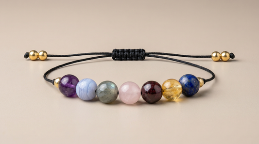Seven-gemstone anxiety support bracelet with Amethyst, Blue Lace Agate, Labradorite, Rose Quartz, Garnet, Citrine and Sodalite on black adjustable cord