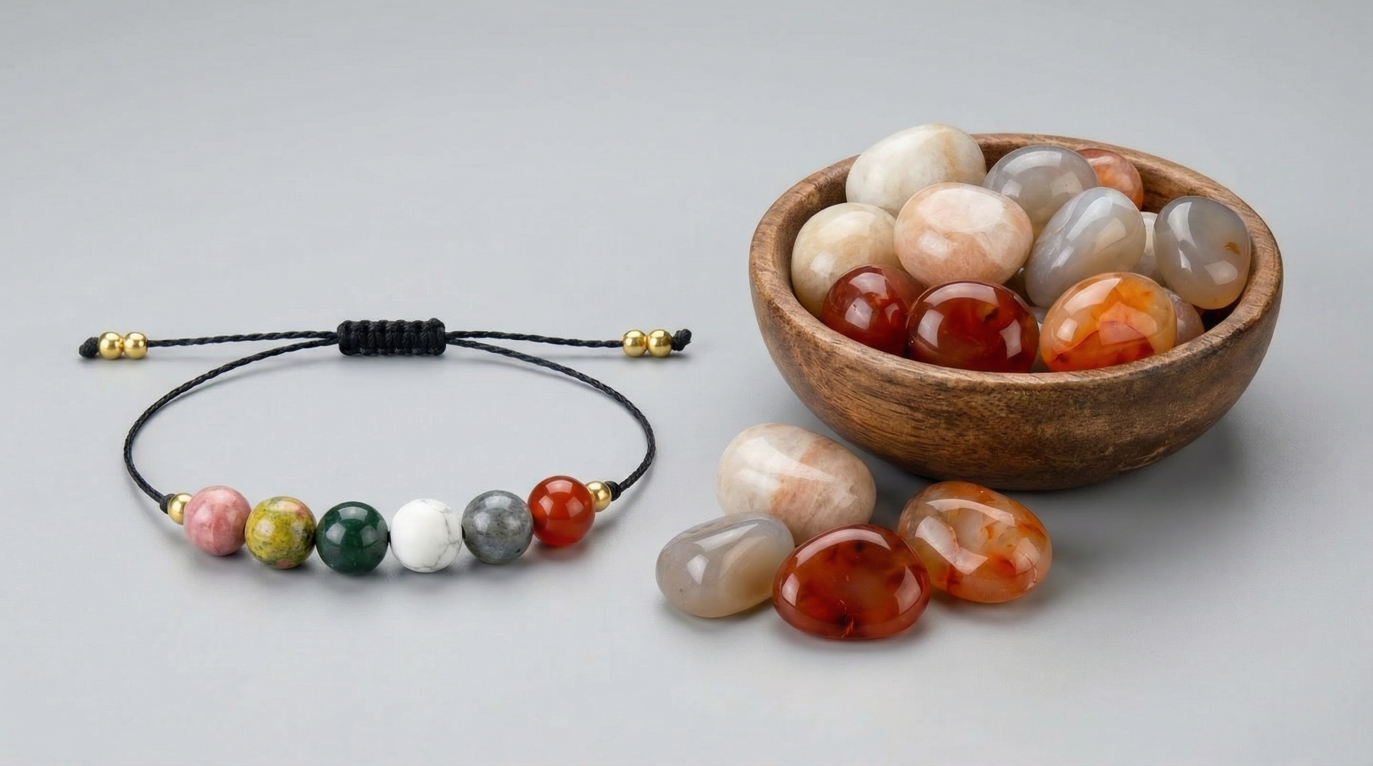 Fertility support gemstone bracelet styled beside a journal, pen and cup of herbal tea on a bedside table