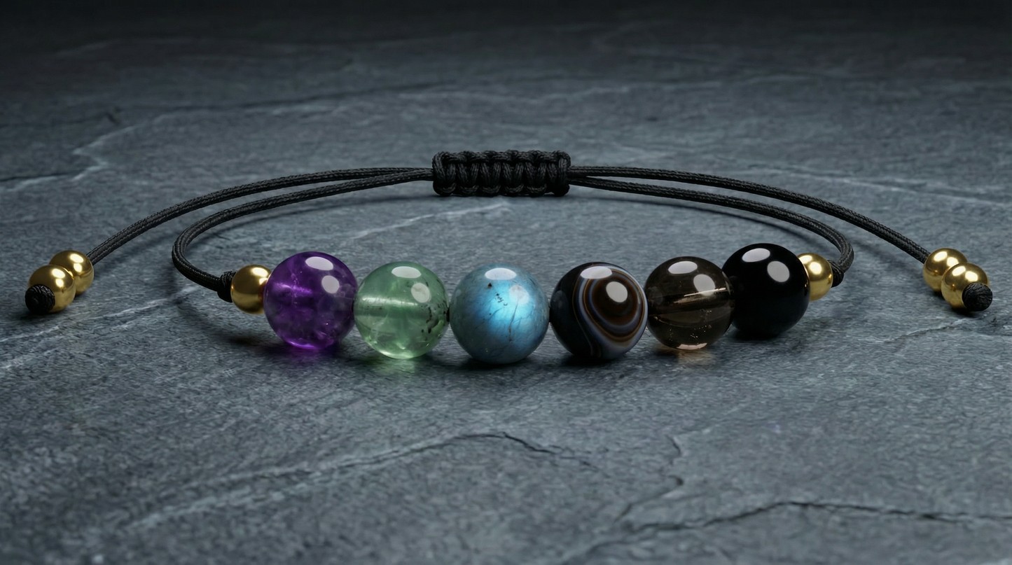 Six-gemstone protection bracelet with Amethyst, Prehnite, Labradorite, Obsidian, Smoky Quartz and Black Tourmaline on black adjustable cord