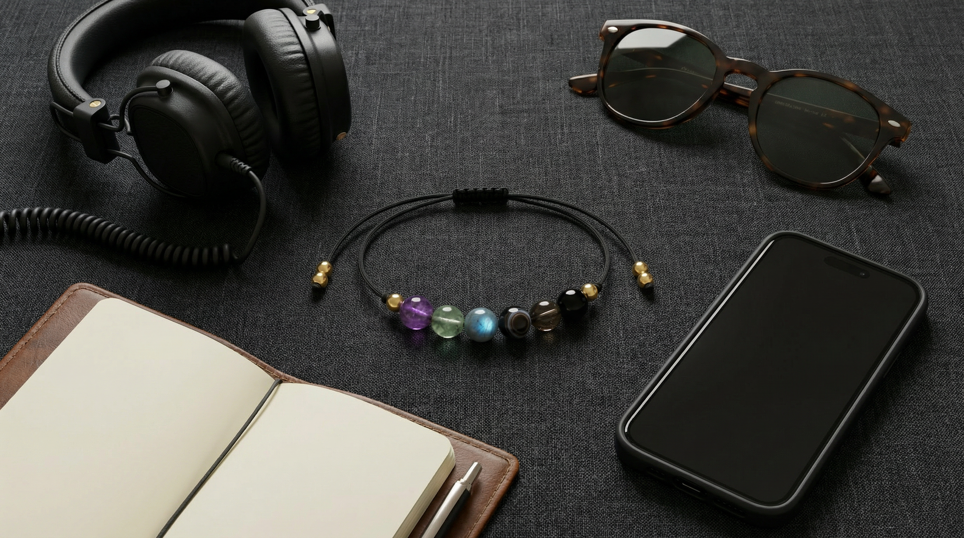 Protection support gemstone bracelet styled beside keys, phone and notebook on a dark, modern background