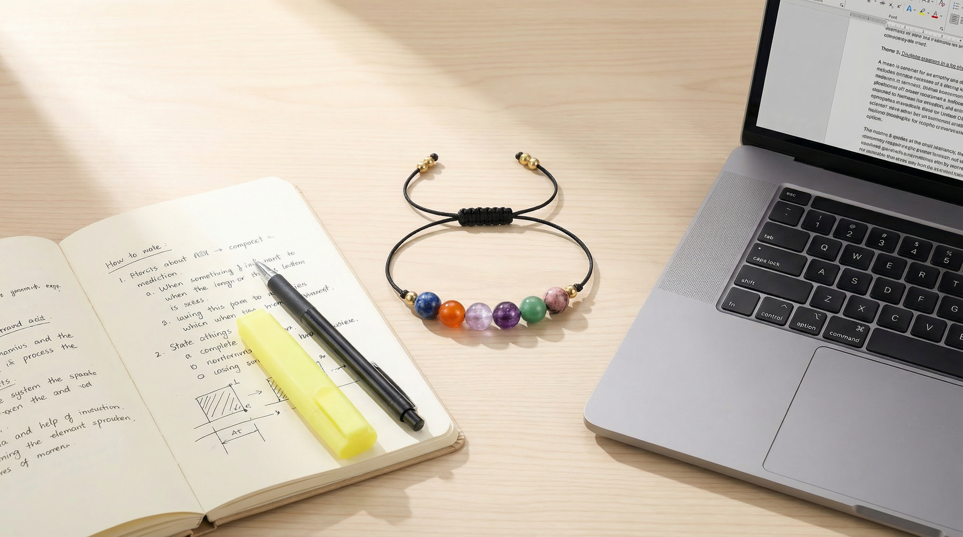 Study aids gemstone bracelet styled beside notebooks and a laptop on a desk