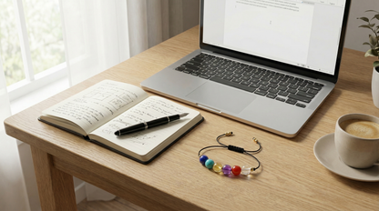 Creativity support gemstone bracelet styled beside a notebook, pen and laptop on a desk