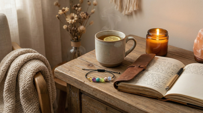 Nervous system support gemstone bracelet styled beside candles and a journal on a bedside table