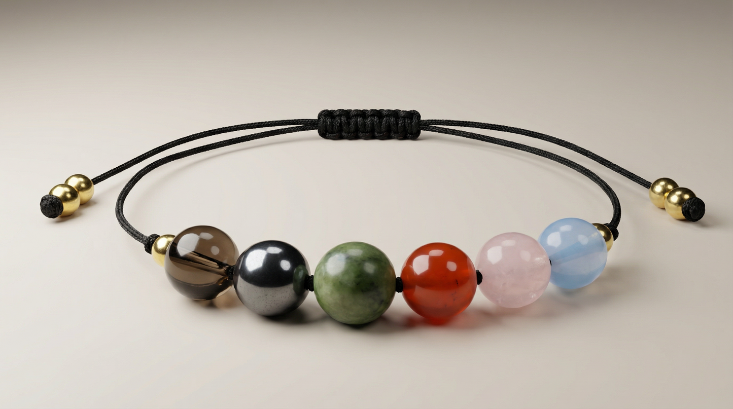 Six-gemstone Early Years nurture bracelet with Aquamarine, Rose Quartz, Carnelian, Jade, Hematite and Smoky Quartz on black adjustable cord