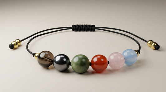 Six-gemstone Early Years nurture bracelet with Aquamarine, Rose Quartz, Carnelian, Jade, Hematite and Smoky Quartz on black adjustable cord
