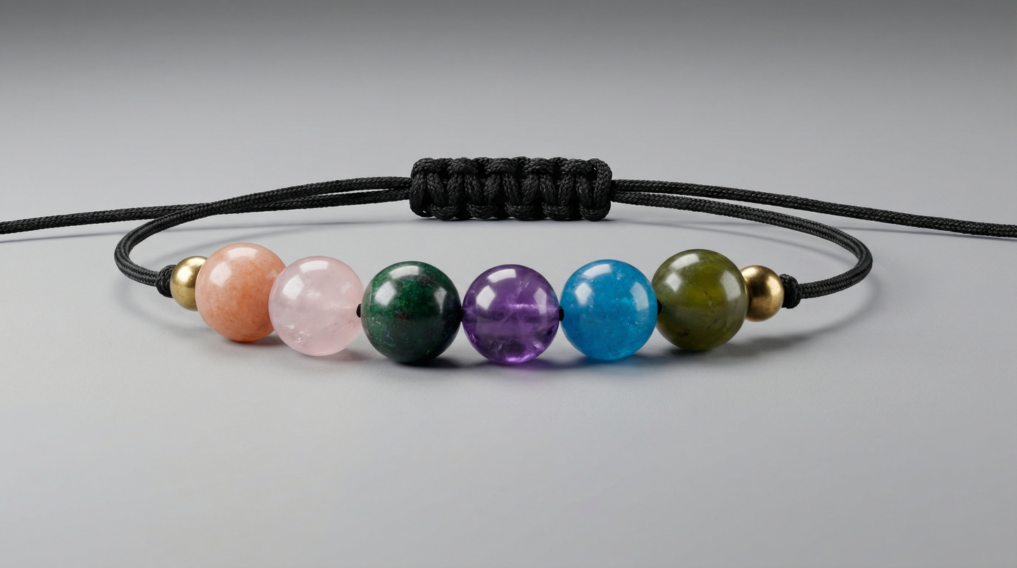 Six-gemstone emotional healing bracelet with Rhodochrosite, Rose Quartz, Chrysocolla, Charoite, Angelite and Jade on black adjustable cord