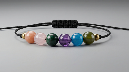 Six-gemstone emotional healing bracelet with Rhodochrosite, Rose Quartz, Chrysocolla, Charoite, Angelite and Jade on black adjustable cord