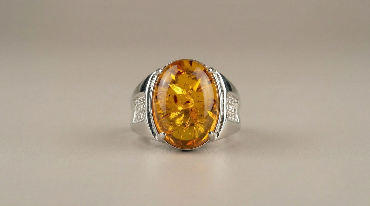Close-up view of polished adjustable band ring showcasing a large oval amber stone with glowing golden clarity.