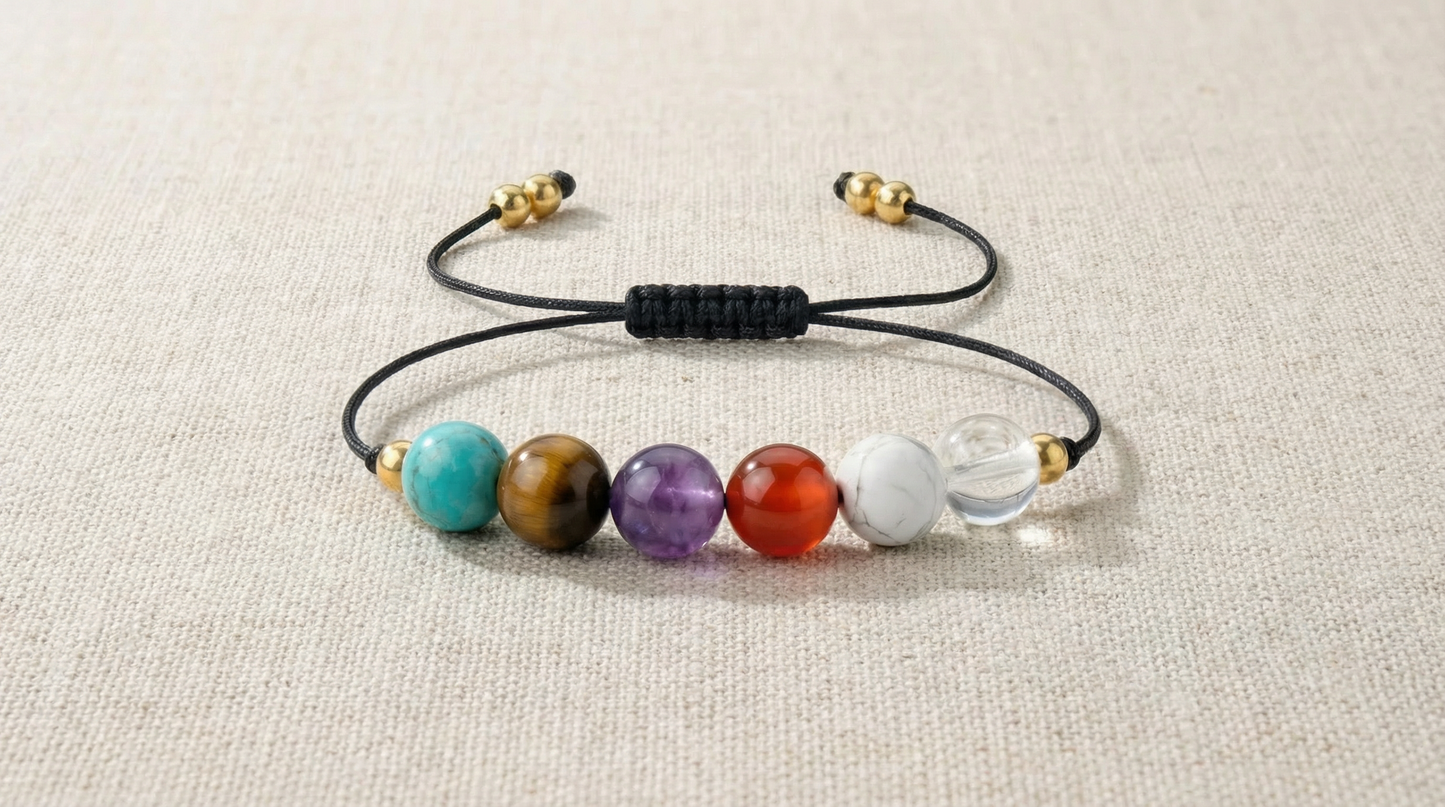 Minimalist back pain relief gemstone bracelet with six polished stones on black adjustable cord
