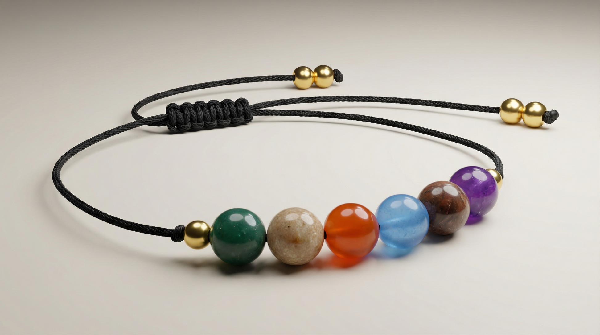 Six-gemstone immune system support intention bracelet with Amethyst, Rhodonite, Larimar, Carnelian, Black Labradorite and Moss Agate on black adjustable cord