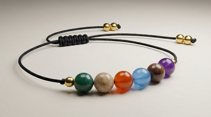 Six-gemstone immune system support intention bracelet with Amethyst, Rhodonite, Larimar, Carnelian, Black Labradorite and Moss Agate on black adjustable cord