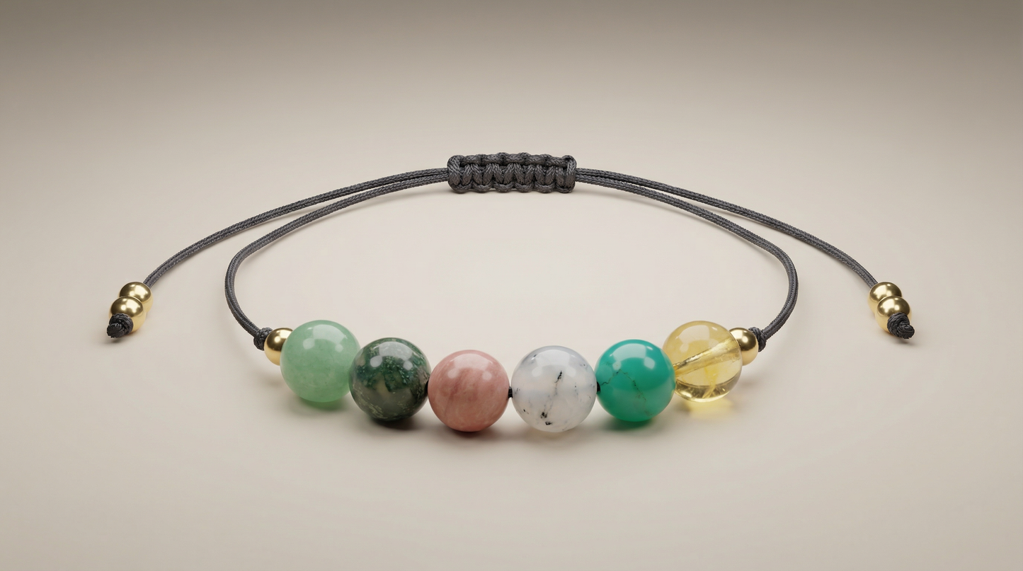 Six-gemstone luck and opportunity intention bracelet with Citrine, Chrysoprase, Tourmalinated Quartz, Sunstone, Jade and Green Aventurine on black adjustable cord