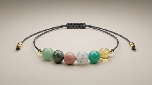 Six-gemstone luck and opportunity intention bracelet with Citrine, Chrysoprase, Tourmalinated Quartz, Sunstone, Jade and Green Aventurine on black adjustable cord