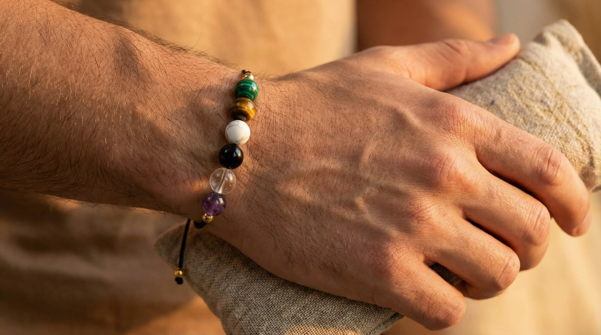 Unisex grounding and comfort bracelet with deep green, amber, dendritic, black, clear and violet stones