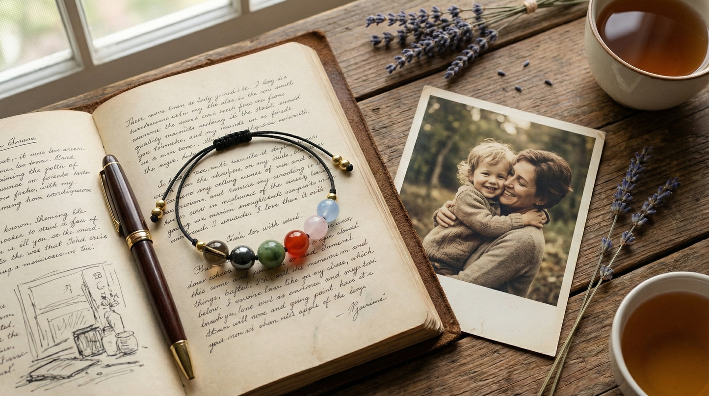 Open book with handwritten text, bracelet, pen, and photo of a woman and child on a wooden surface. Minimalist parenting support crystal bracelet designed as a symbolic companion for the early years