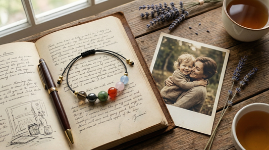 Open book with handwritten text, bracelet, pen, and photo of a woman and child on a wooden surface. Minimalist parenting support crystal bracelet designed as a symbolic companion for the early years