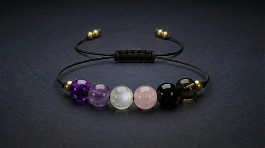 Six-gemstone sleep support bracelet with Amethyst, Charoite, Labradorite, Rose Quartz, Obsidian and Smoky Quartz on black adjustable cord
