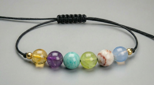 Six-gemstone nervous system support bracelet with Opal, Pink Calcite, Chrysoprase, Rutilated Quartz, Amethyst and Amazonite on black adjustable cord