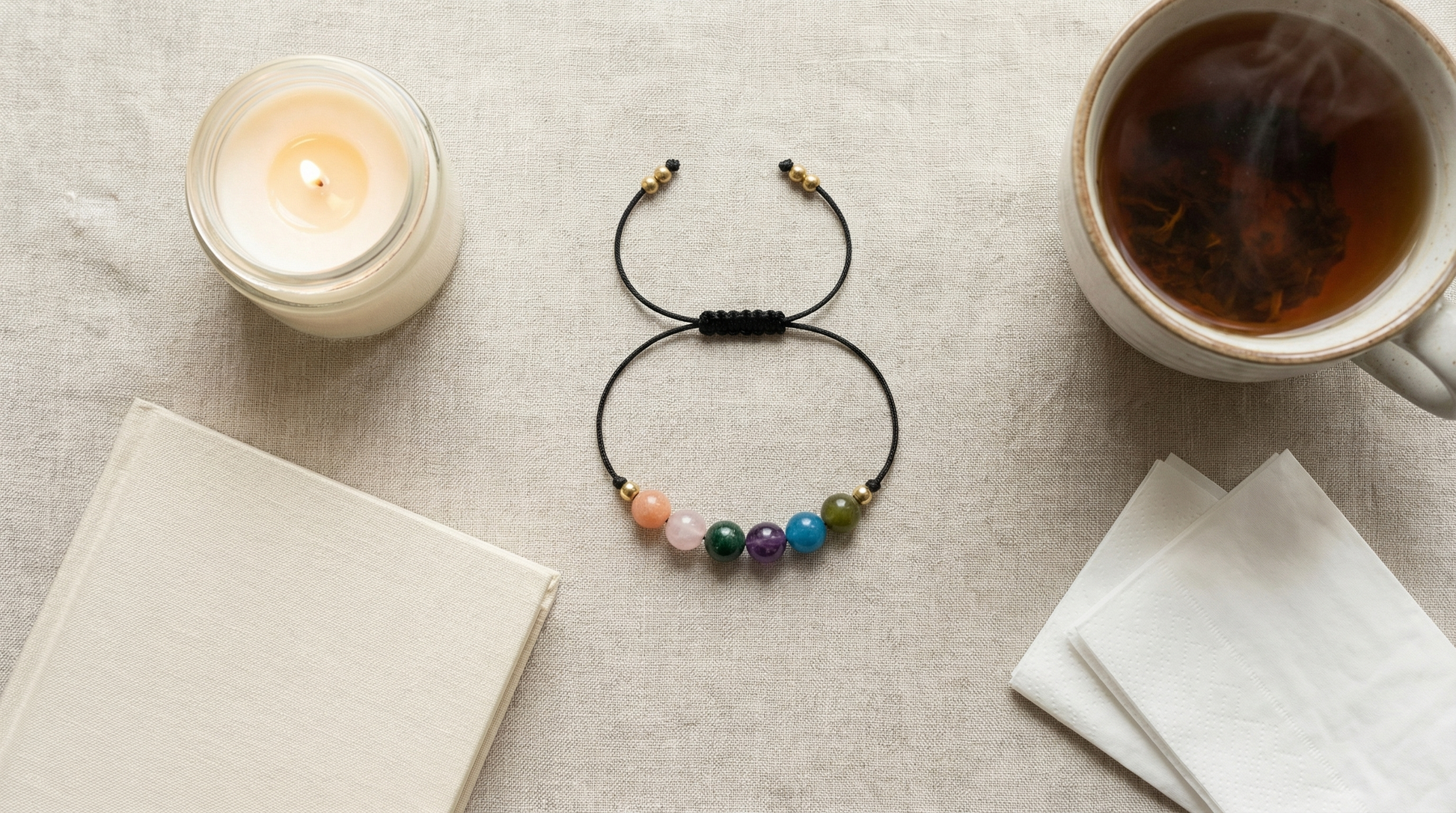 Emotional healing gemstone bracelet styled beside a journal, pen and cup of tea on a soft, neutral background