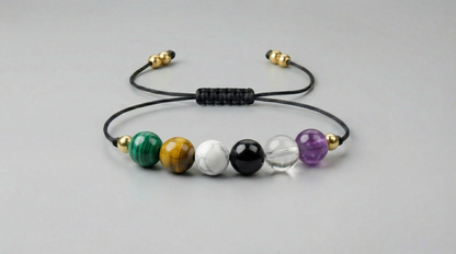 Six-gemstone pain relief support bracelet with Malachite, Amber, Dendritic Agate, Obsidian, Clear Quartz and Amethyst on black adjustable cord