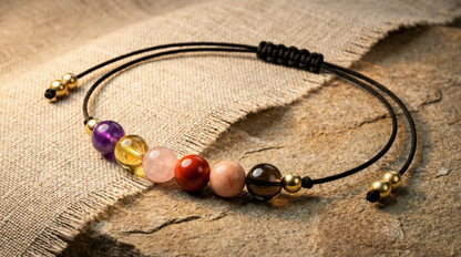 Six-gemstone recovery support bracelet with Amethyst, Citrine, Rose Quartz, Red Jasper, Sunstone and Smoky Quartz on black adjustable cord
