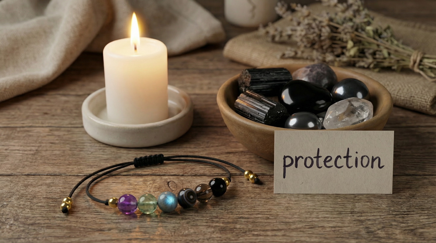 Unisex grounding and protection bracelet with deep purple, green, grey and black stones