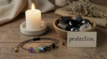 Unisex grounding and protection bracelet with deep purple, green, grey and black stones