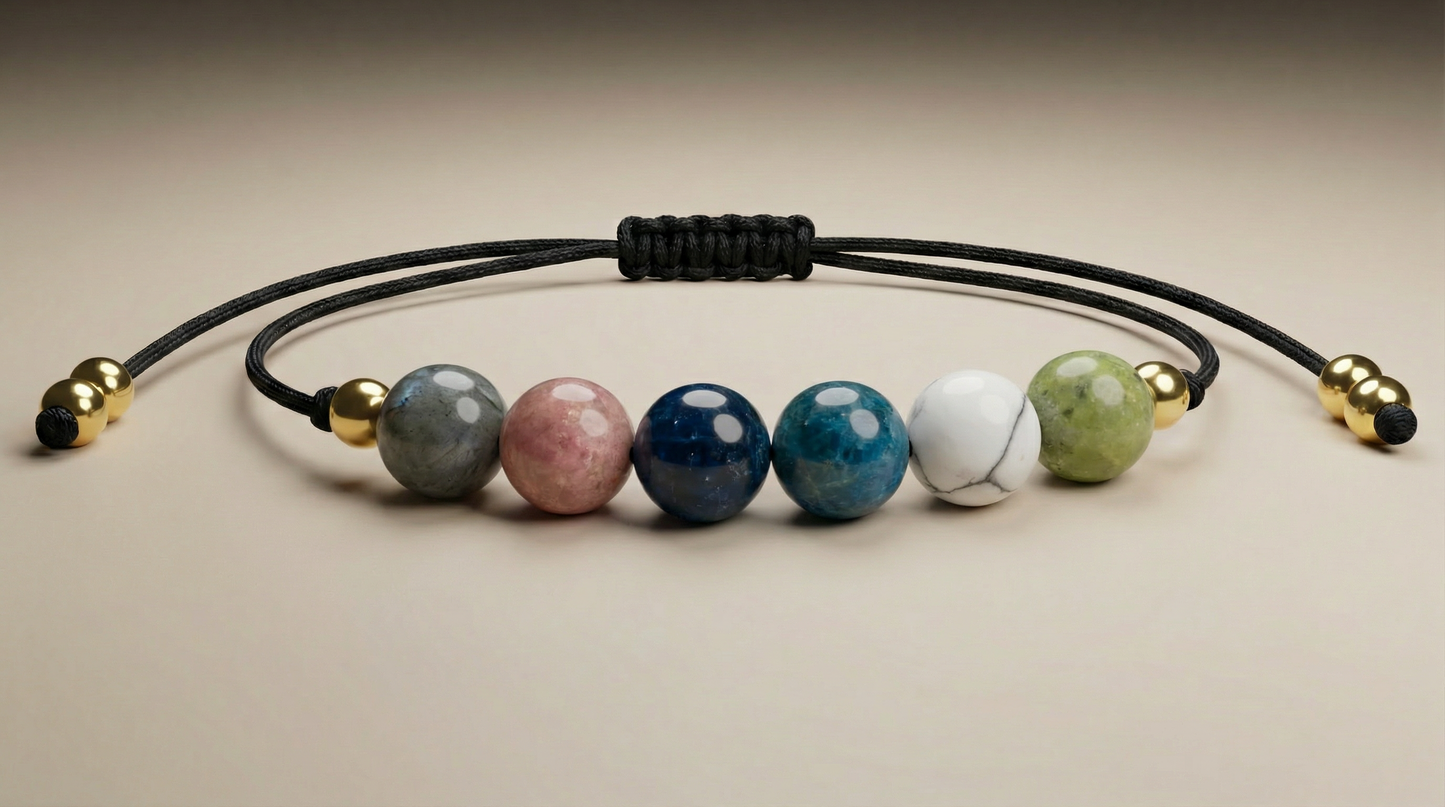 Six-gemstone body confidence and slimming support bracelet with Jade, Magnesite, Apatite, Kyanite, Strawberry Quartz and Black Labradorite on black adjustable cord