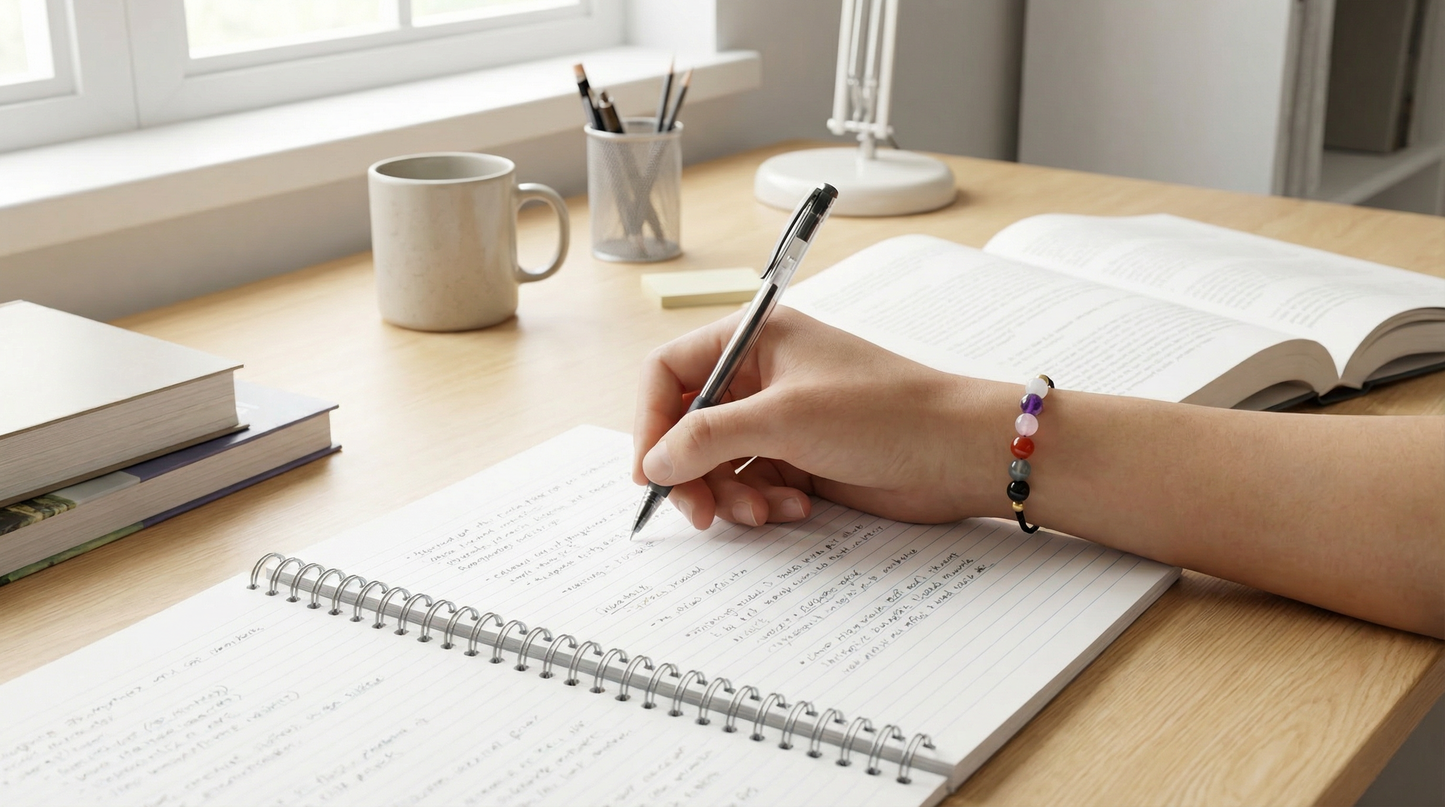 School support gemstone bracelet styled beside notebooks, pens and a laptop on a tidy desk
