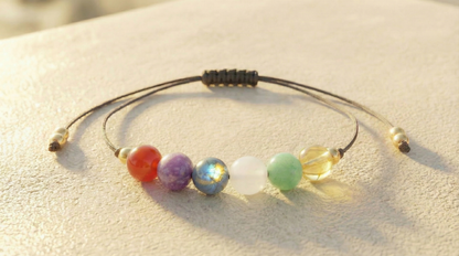 Six-gemstone Teen Years support bracelet with Carnelian, Lepidolite, Labradorite, Moonstone, Green Aventurine and Citrine on black adjustable cord