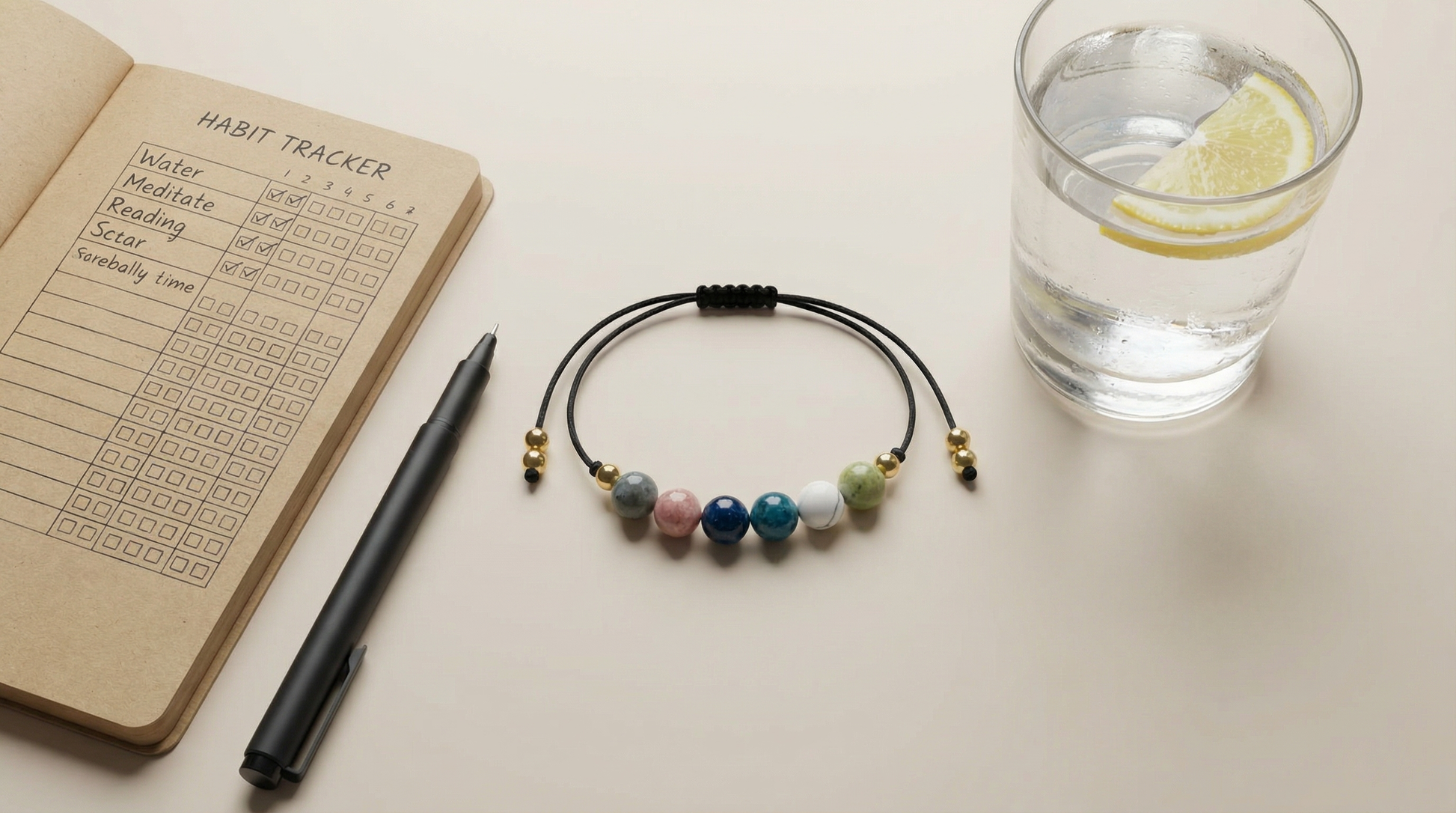 Body confidence support gemstone bracelet styled beside a water bottle, journal and fresh fruit on a neutral surface