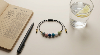 Body confidence support gemstone bracelet styled beside a water bottle, journal and fresh fruit on a neutral surface