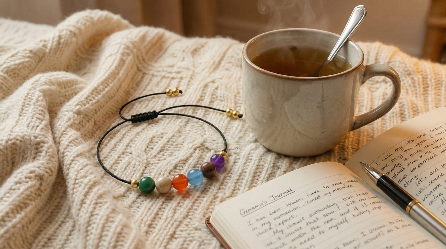 Immune support intention bracelet styled beside herbal tea, journal and blanket on a wooden table