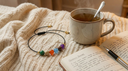 Immune support intention bracelet styled beside herbal tea, journal and blanket on a wooden table