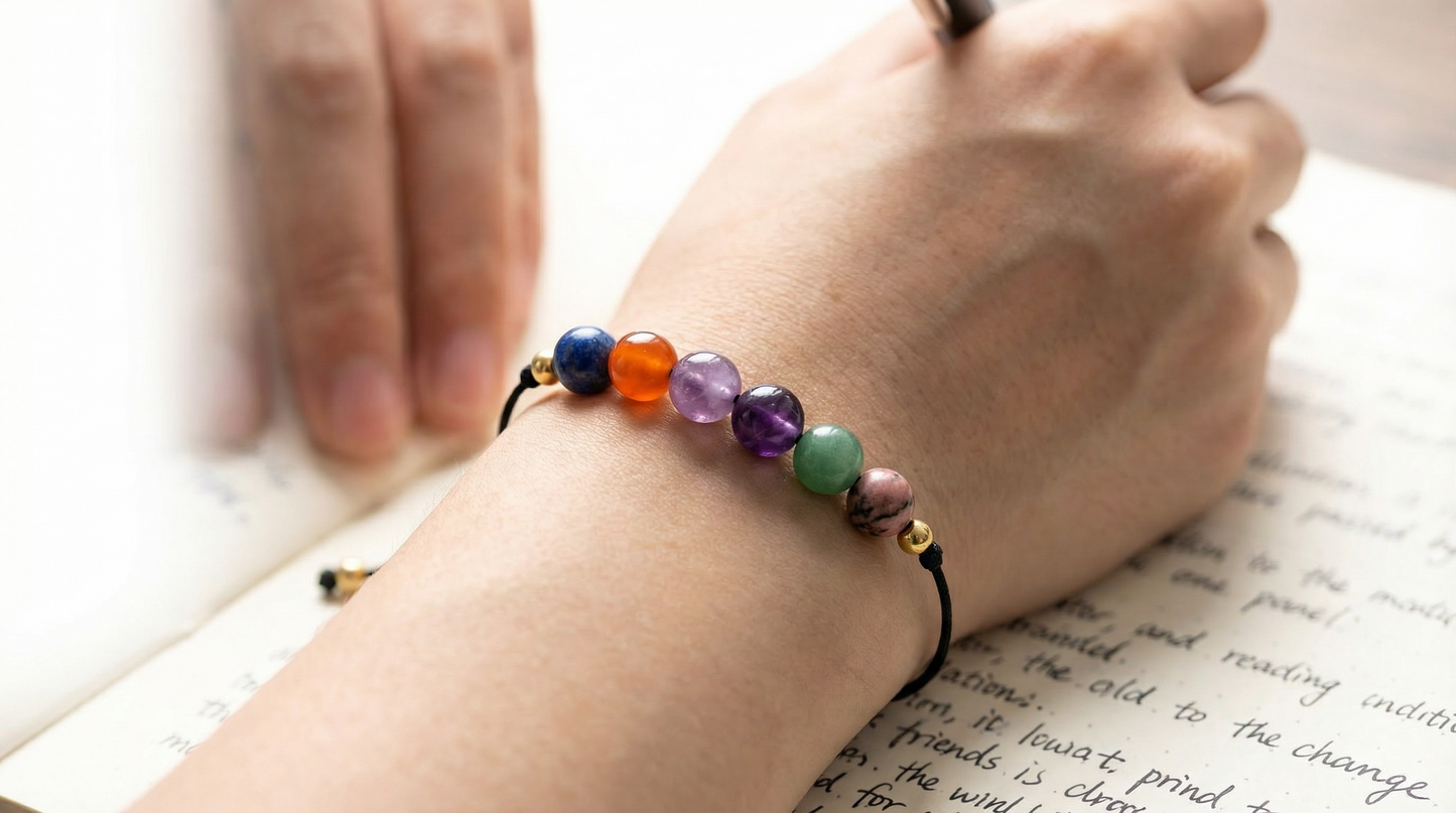 Unisex learning and exam support bracelet with mixed polished study crystals